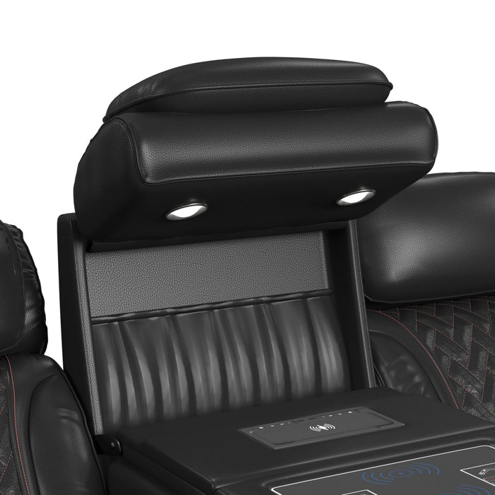 Prime Time P3 Sofa with I Table, reading light, heat, massage, LED, and speaker in Jett Black with Red Stitching