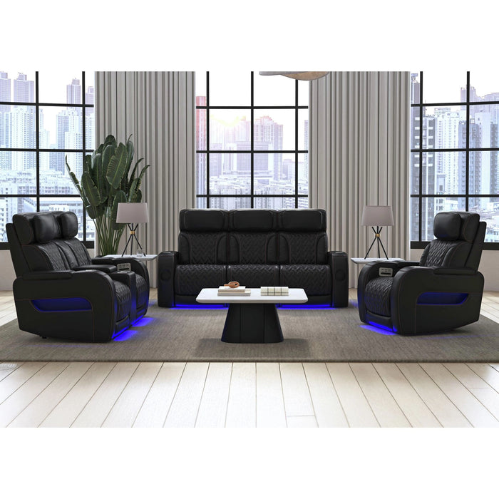 Prime Time P3 Living Room Set in Jett Black with Red Stitching