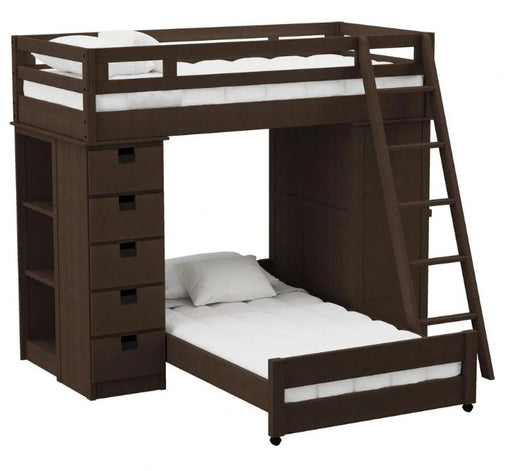 Elements International Cali Kids Twin Over Twin Super Loft Bed and Ladder with Desk and Storage in Brown image
