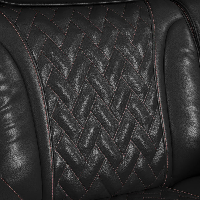 Prime Time P3 Sofa with I Table, reading light, heat, massage, LED, and speaker in Jett Black with Red Stitching