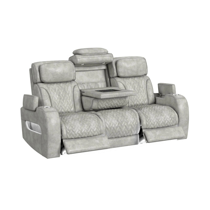 Prime Time P3 Sofa with DDT, 3.0 Table, 7 Colors (LED and Cup Holders), Reading Light, Vibration, speaker, and Heat Massage in Leather Gel Light Grey