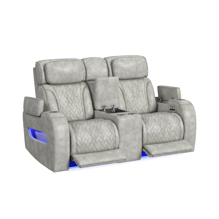 Prime Time P3 Loveseat with Console, 7 Colors LED, Cup Holders and Wireless Charger Controller in Leather Gel Light Grey