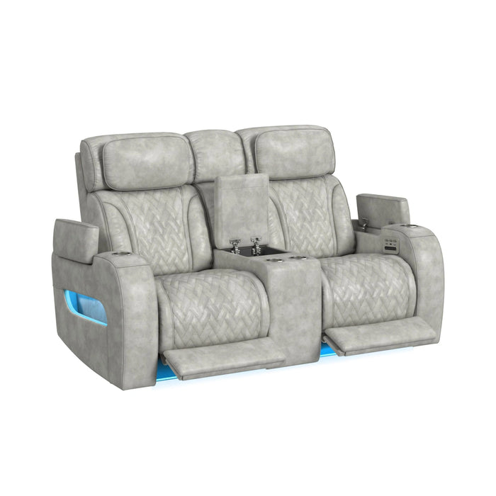 Prime Time P3 3PC Living Room Set with 7 Colors LED in Leather Gel Light Grey-Sofa, Loveseat & Recliner