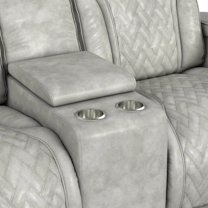 Prime Time P3 Loveseat with Console, 7 Colors LED, Cup Holders and Wireless Charger Controller in Leather Gel Light Grey