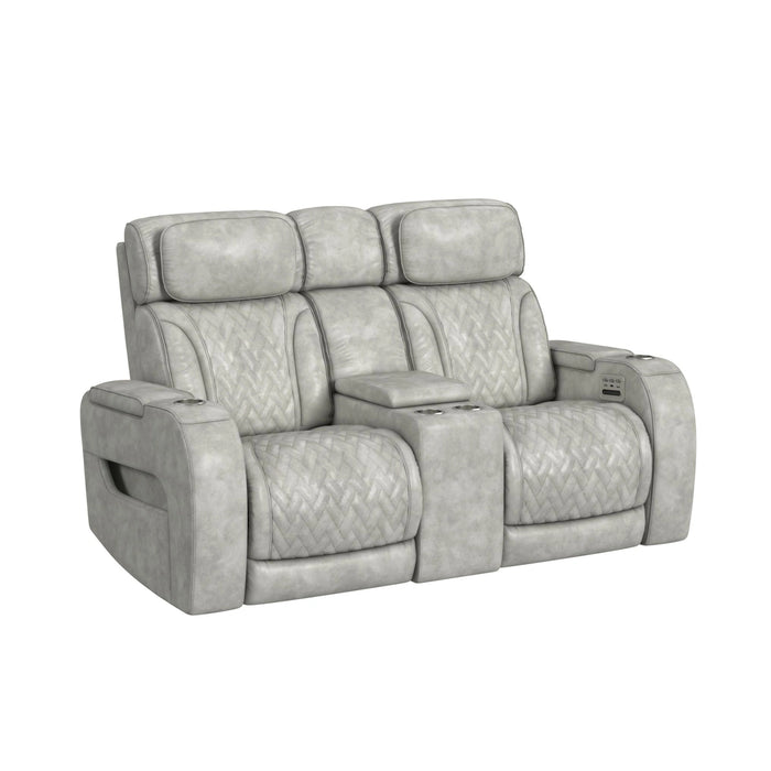 Prime Time P3 Loveseat with Console, 7 Colors LED, Cup Holders and Wireless Charger Controller in Leather Gel Light Grey