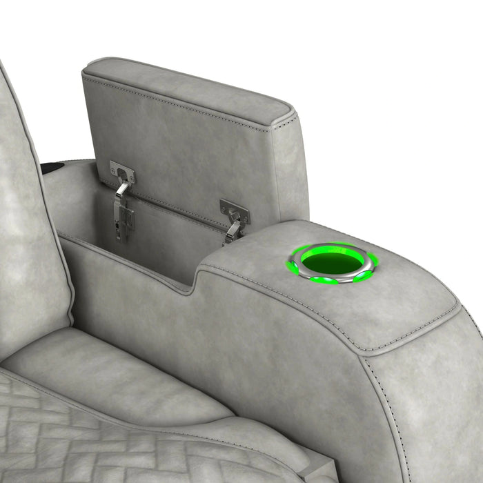 Prime Time P3 Sofa with DDT, 3.0 Table, 7 Colors (LED and Cup Holders), Reading Light, Vibration, speaker, and Heat Massage in Leather Gel Light Grey