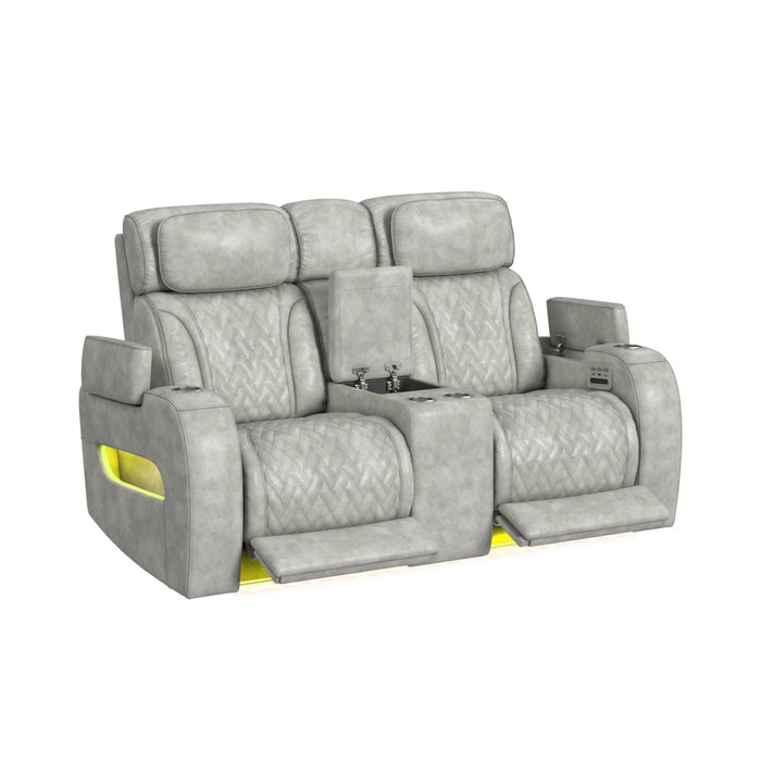 Prime Time P3 Loveseat with Console, 7 Colors LED, Cup Holders and Wireless Charger Controller in Leather Gel Light Grey