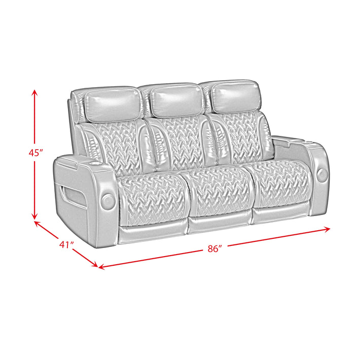 Prime Time P3 Sofa with I Table, reading light, heat, massage, LED, and speaker in Jett Black with Red Stitching