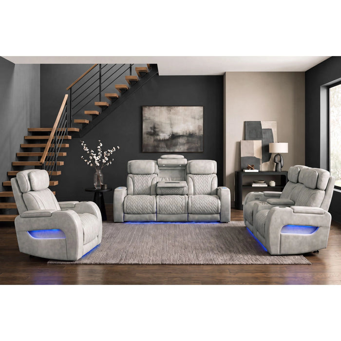 Prime Time P3 Recliner with 7 Colors LED, Cup Holders and Wireless Charger Controller in Leather Gel Light Grey
