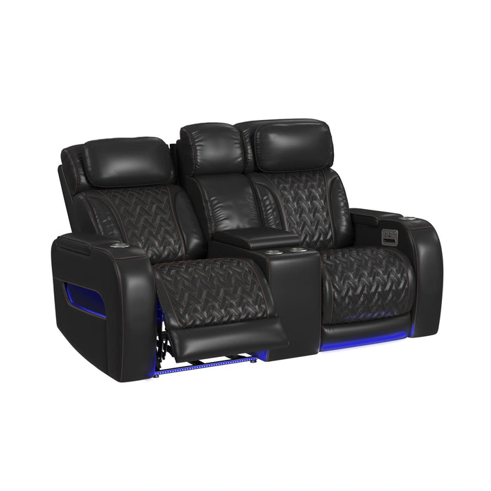 Prime Time P3 Loveseat with LED, wireless charger pocket, and Console in Jett Black with Red Stitching