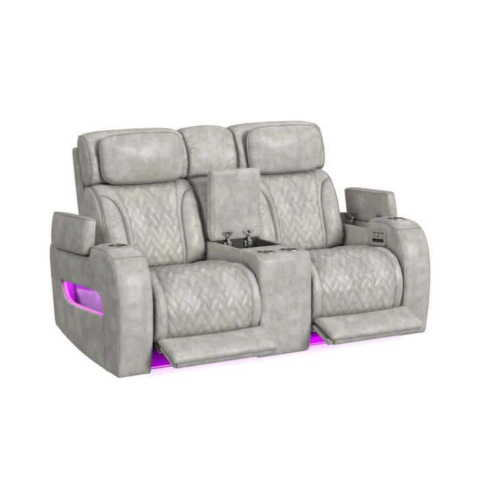 Prime Time P3 3PC Living Room Set with 7 Colors LED in Leather Gel Light Grey-Sofa, Loveseat & Recliner